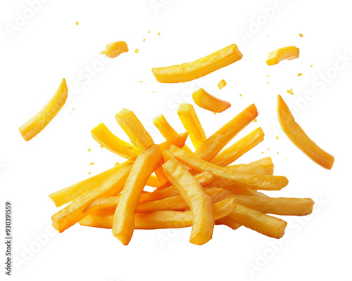 A pile of golden french fries with some scattered in the air. photo