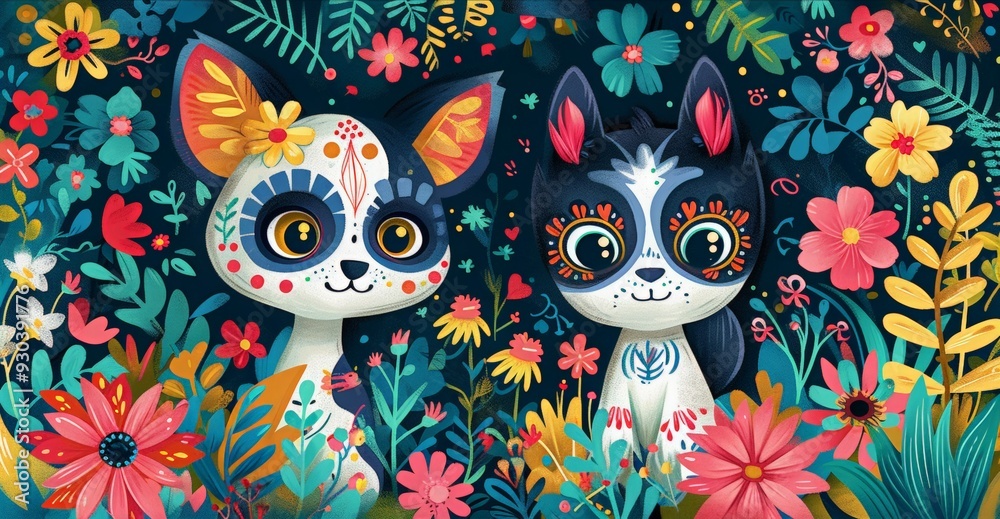 Funny cats decorated skulls and skeleton and Mexican traditional symbols, elements and flowers on dark background. Day of the dead, Dia de los muertos. Cute greeting card for  mexican holiday. 
