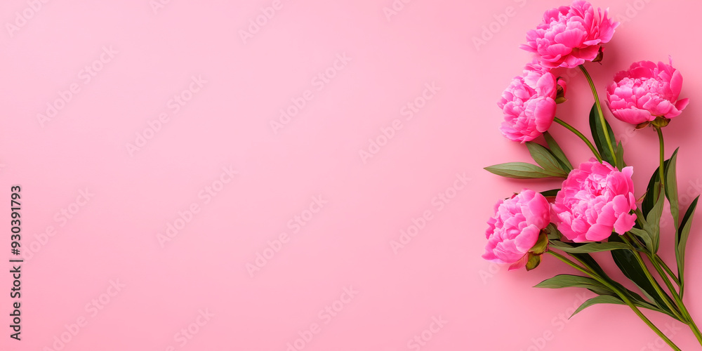 Fototapeta premium Pink peonies on a soft pink background, ideal for floral themes, Mother's Day promotions, or eco-friendly campaigns targeting home decor and wellness industries