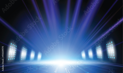 Abstract background blue stadium stage hall with scenic lights of round futuristic technology user interface Blue vector lighting empty stage spotlight background.