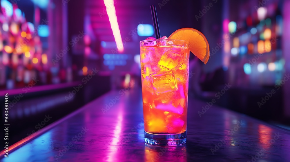 Neonlit nightclub bar with vibrant cocktails, patrons enjoying drinks, dynamic atmosphere, alcohol drink nightlife, energetic and lively