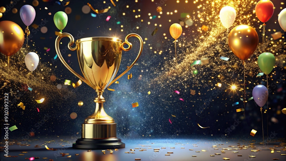 A sparkling golden trophy surrounded by confetti and balloons, shining brightly on a black background, conveying a sense of achievement and celebration. A sparkling golden trophy surrounded by confetti and balloons, shining brightly on a black background, conveying a sense of achievement and celebration.