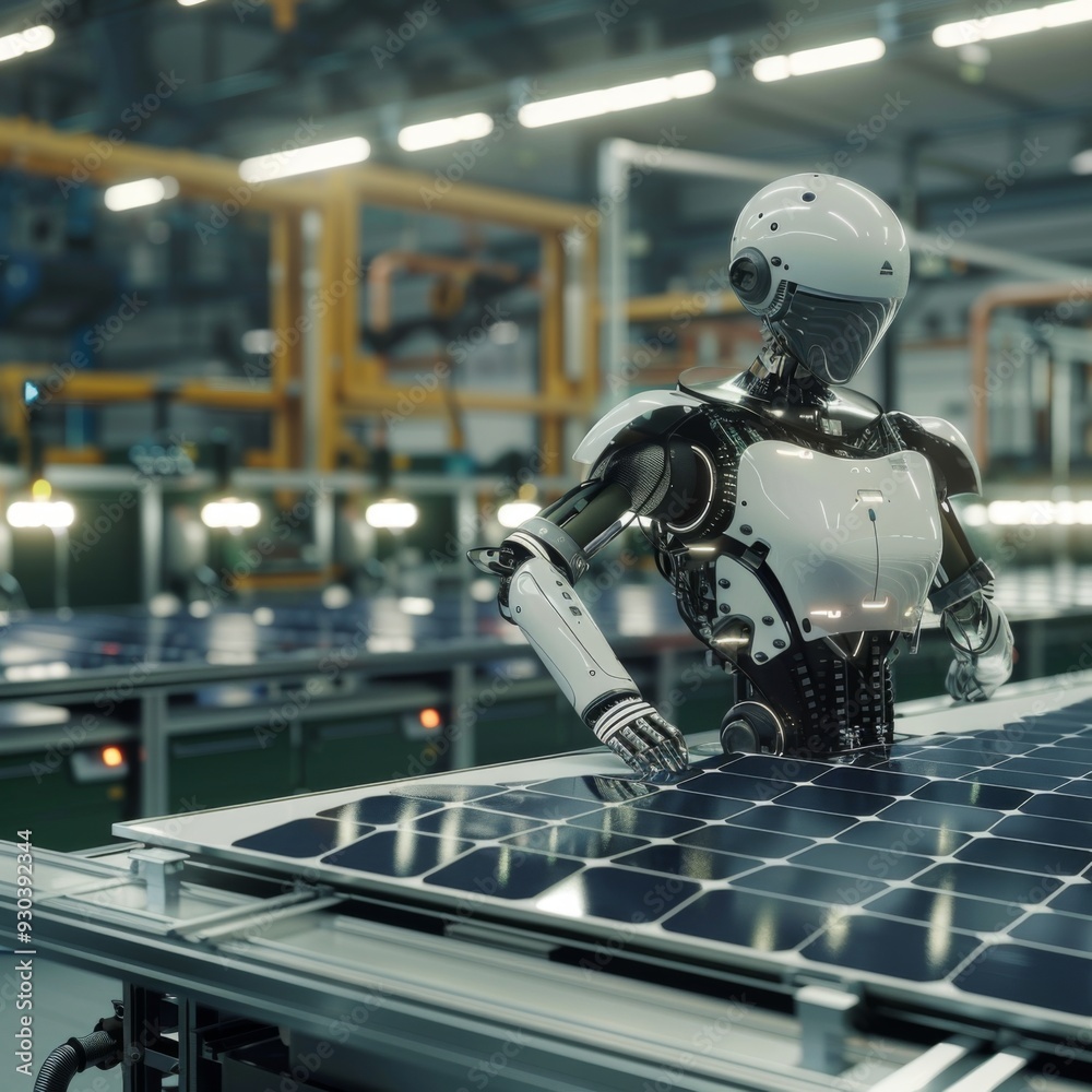 Solar panel production line with robotic arms Solar panel production line with robotic arms