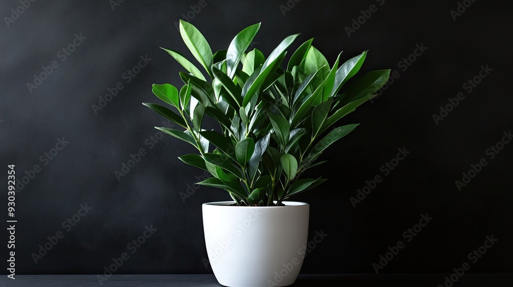 A stylish Zamioculcas zamiifolia 'Raven' in a simple white pot, its dark, glossy leaves creating a striking contrast that highlights its modern elegance. A stylish Zamioculcas zamiifolia 'Raven' in a simple white pot, its dark, glossy leaves creating a striking contrast that highlights its modern elegance.