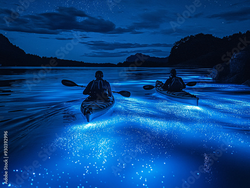 a night scene of three people paddling in canoes on a river, illuminated by a blue light that emanates from the water photo