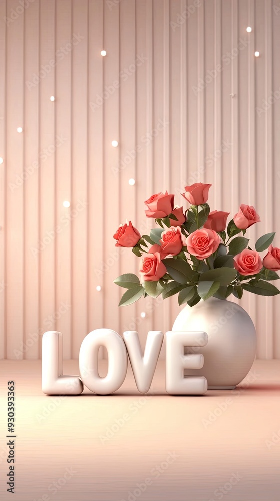 A charming display of 3D LOVE letters with LED lights next to a vase filled with red roses, set against a pink wall, perfect for celebrating love A charming display of 3D LOVE letters with LED lights next to a vase filled with red roses, set against a pink wall, perfect for celebrating love