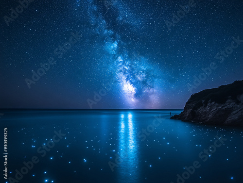 a night scene of three people paddling in canoes on a river, illuminated by a blue light that emanates from the water photo