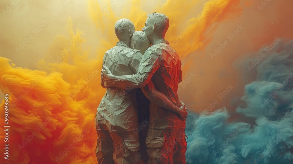 Fototapeta premium featuring a veteran hugging their family, surrounded by vibrant, emotional colors