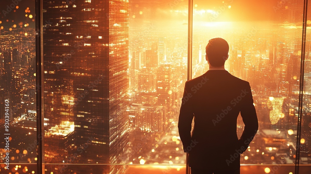 A business professional looking out of a high-rise office window, with a sweeping view of the cityscape A business professional looking out of a high-rise office window, with a sweeping view of the cityscape