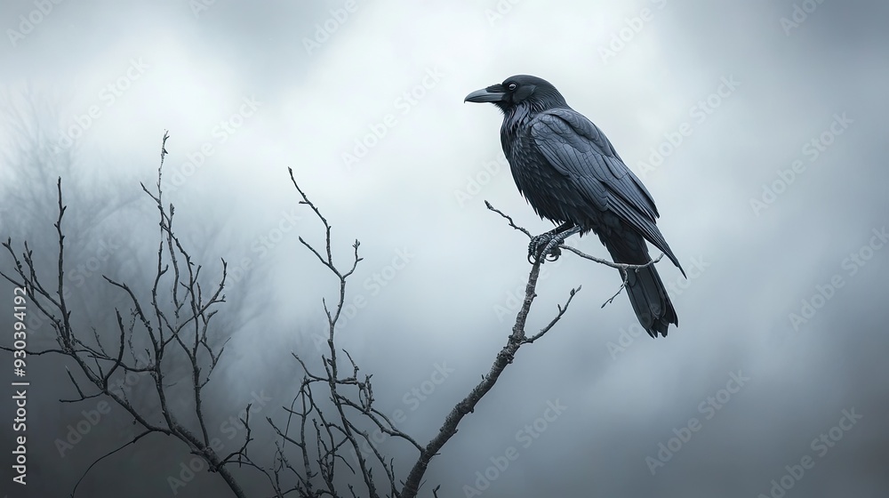 Crow perched atop a barren branch with the ominous sky in the background, capturing the eerie silence and symbolic presence of death. Crow perched atop a barren branch with the ominous sky in the background, capturing the eerie silence and symbolic presence of death.