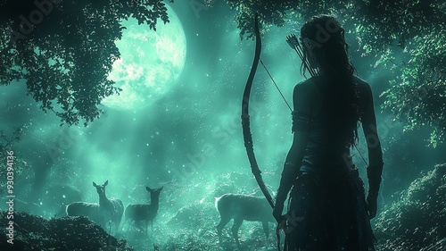A woman as Artemis goddess of the hunt in forest