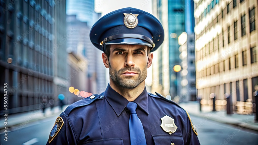 A stoic blue-uniformed law enforcement officer with a badge and hat, symbolizing authority, protection, and justice in a modern urban setting. A stoic blue-uniformed law enforcement officer with a badge and hat, symbolizing authority, protection, and justice in a modern urban setting.
