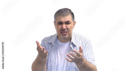 Man Looking Contemptuously at Camera and Gesturing with Hands photo