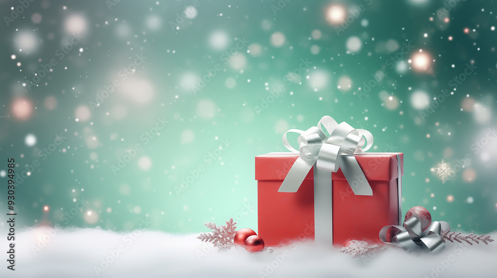 Christmas background with green gift box red ribbon, white snowflakes and red ornaments on the bottom, creating an elegant festive atmosphere. Christmas background with green gift box red ribbon, white snowflakes and red ornaments on the bottom, creating an elegant festive atmosphere.