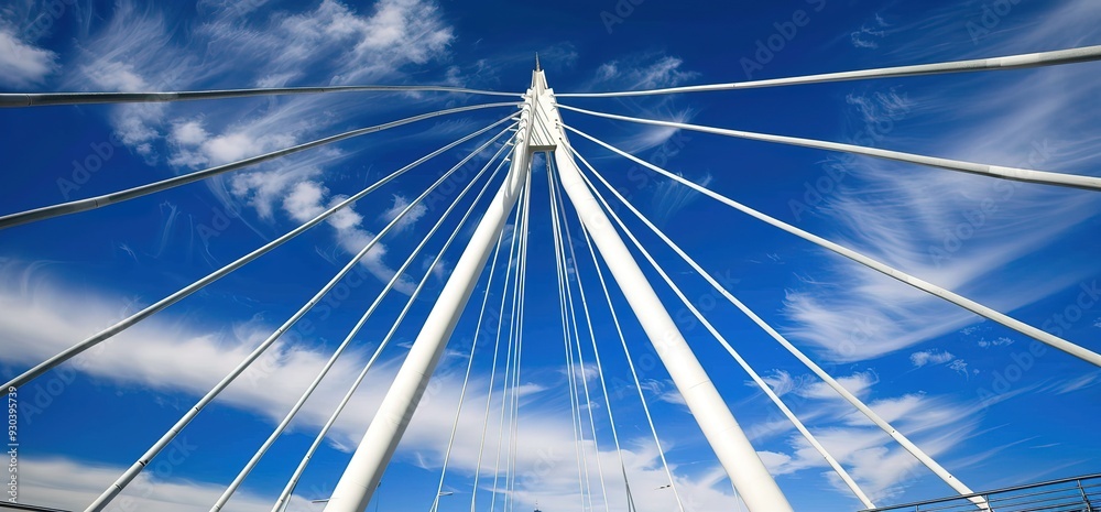 Low angle view of a white suspension bridge against a bright blue sky with white clouds. Low angle view of a white suspension bridge against a bright blue sky with white clouds.