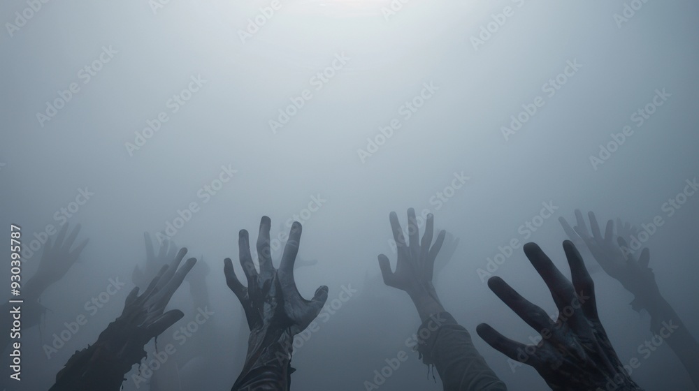 Zombie hands reaching through fog in dark atmosphere Zombie hands reaching through fog in dark atmosphere