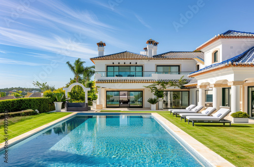 A white villa with a pool and lawn photo