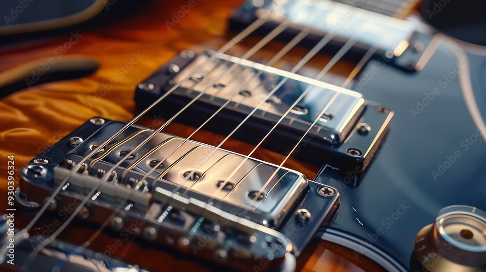 Closeup of a Electric Guitar's Pickups and Strings Closeup of a Electric Guitar's Pickups and Strings