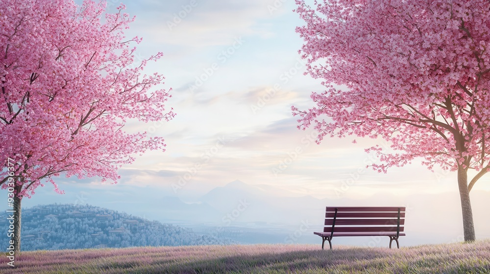 Peaceful landscape with a meditation bench under cherry blossom trees, symbolizing serenity and mindfulness, Mindfulness Garden, Emotional Peace Peaceful landscape with a meditation bench under cherry blossom trees, symbolizing serenity and mindfulness, Mindfulness Garden, Emotional Peace