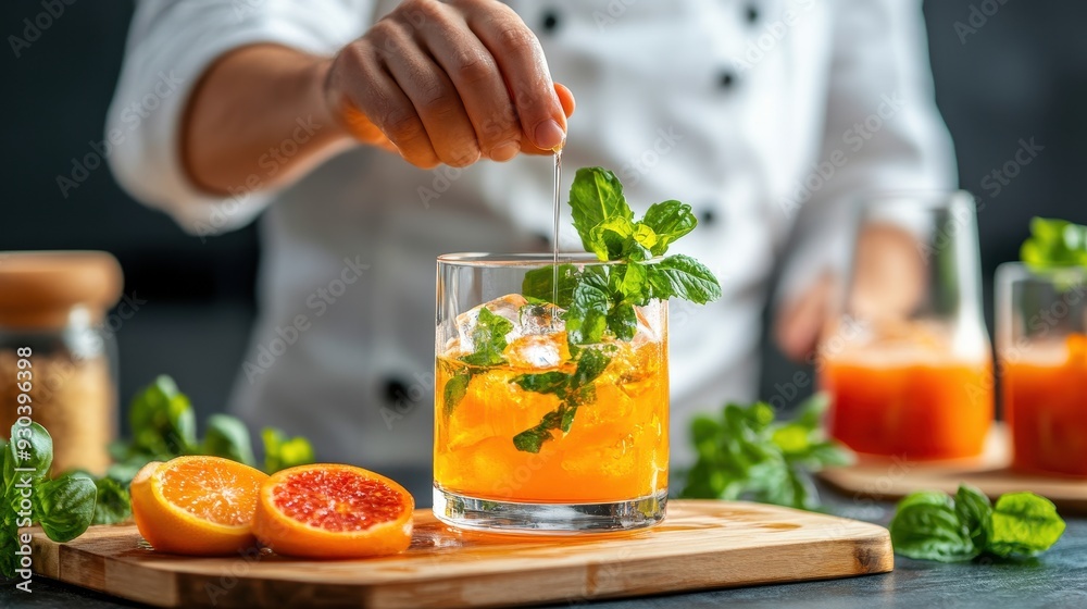 A refreshing cocktail being garnished with mint and citrus, perfect for summer parties and gatherings. A refreshing cocktail being garnished with mint and citrus, perfect for summer parties and gatherings.