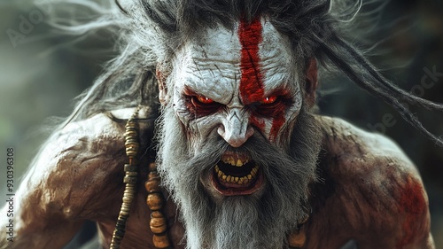 closeup of an indian aghori scary face photo