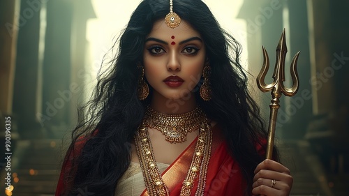 a woman as goddess maa kamakhya holding trident photo