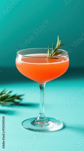 A refreshing cocktail featuring a vibrant orange hue, garnished with a sprig of rosemary on a vibrant turquoise background.