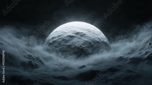 A large moon floats eerily over misty hills, casting an ethereal glow, shrouded in dense, dark fog creating an otherworldly and mysterious atmosphere at night. photo