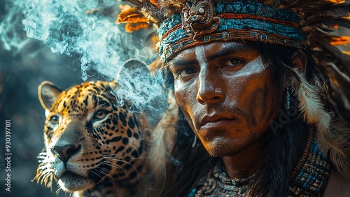 Tezcatlipoca Aztec god of night with leopard closeup
