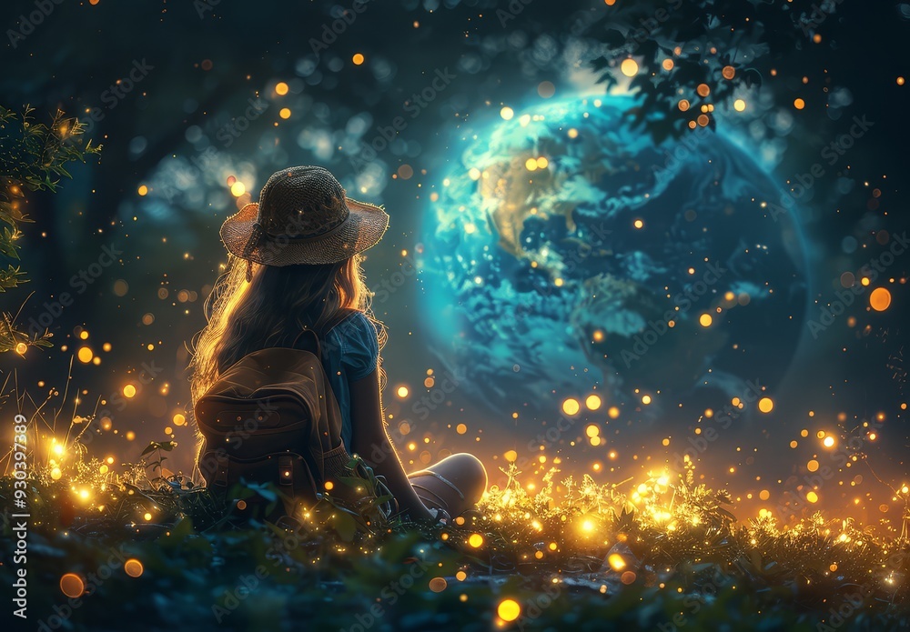 A cute little girl sitting on the ground with her back to us, wearing a hat, backpack in front of her, looking at a big planet Earth A cute little girl sitting on the ground with her back to us, wearing a hat, backpack in front of her, looking at a big planet Earth