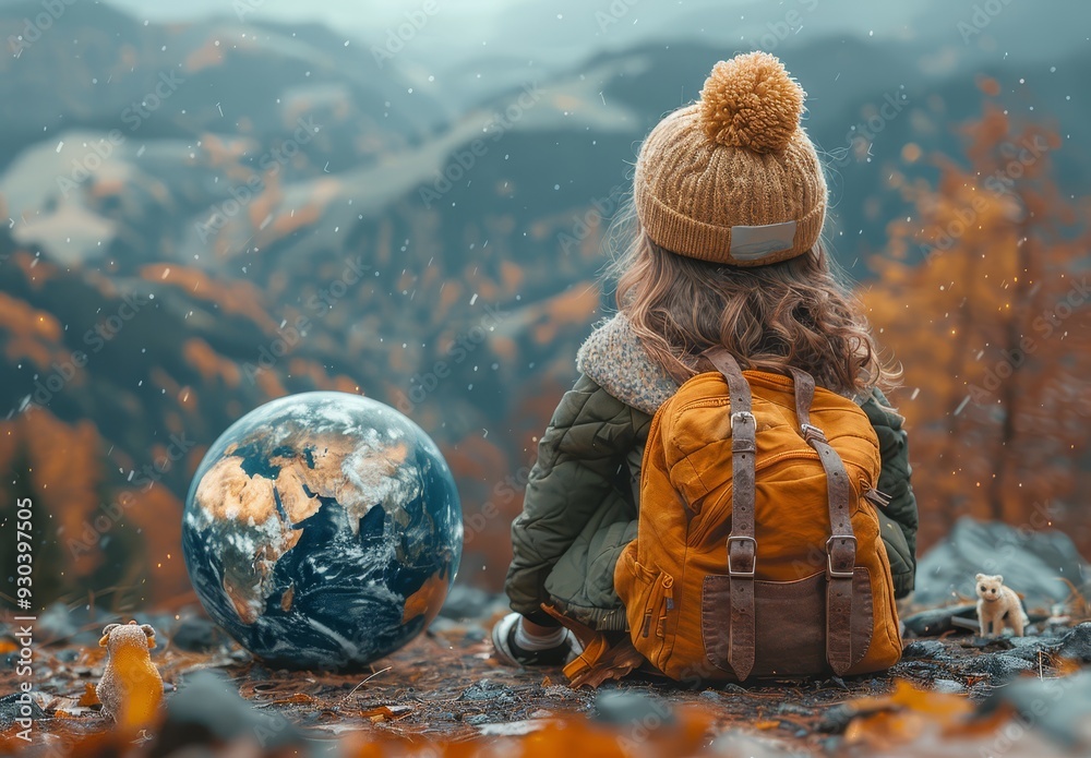 Obraz premium A cute little girl sitting on the ground with her back to us, wearing an oversized hat and carrying a backpack. She is looking at planet Earth