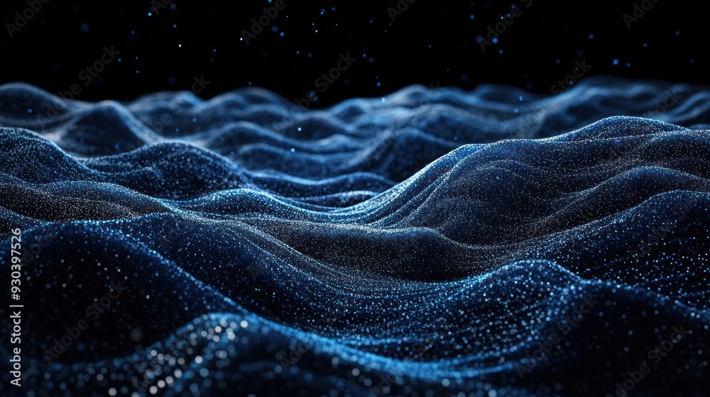 Abstract Blue Wavy Landscape with Glowing Particles Abstract Blue Wavy Landscape with Glowing Particles