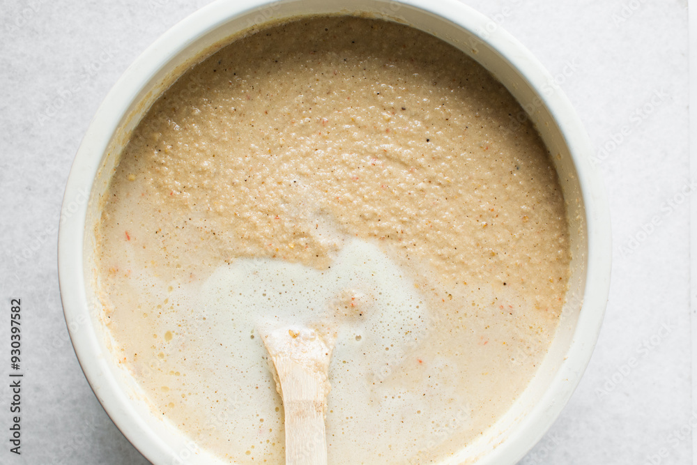 Overhead of moi moi mixture in a white ceramic bowl, top view of nigerian bean pudding being mixed, process of making nigerian moi moi Overhead of moi moi mixture in a white ceramic bowl, top view of nigerian bean pudding being mixed, process of making nigerian moi moi
