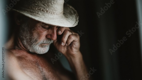 An elderly man with a straw hat deep in thought, resting his hand on his chin. The image emphasizes contemplation, wisdom, and the experience of old age. photo