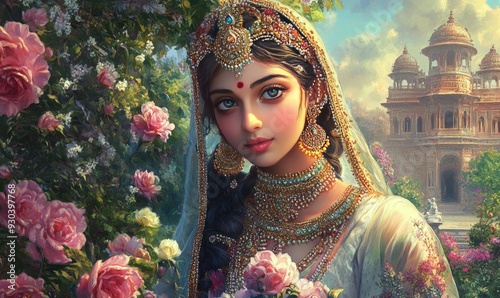 Digital painting of an ancient indian princess holding flowers