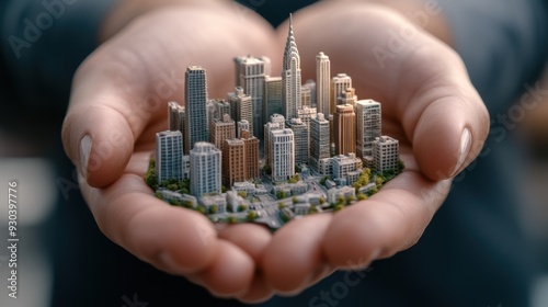 A person holding a miniature city in their hands, AI