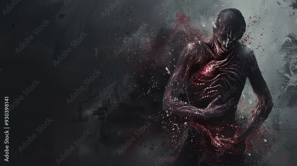 Obraz premium A dark, surreal humanoid figure with a gaping chest, surrounded by a shadowy, ominous atmosphere.