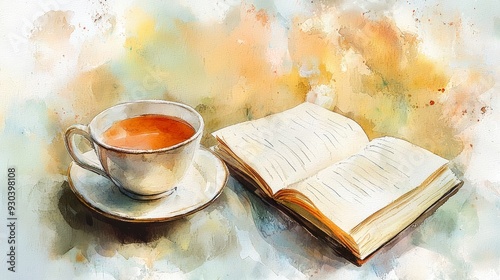watercolor painting of a cup of tea and open book