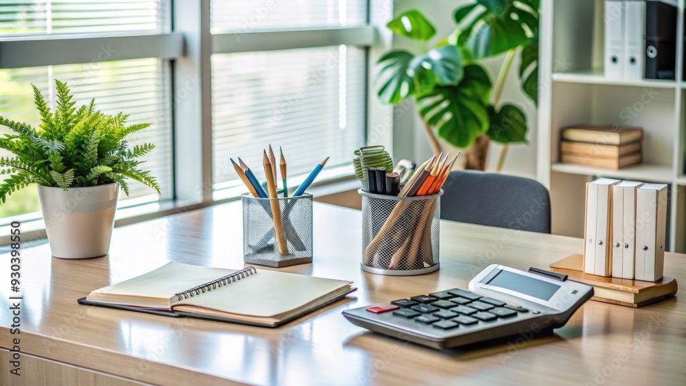 Fototapeta premium A tidy office workspace features a organized desk with essential stationery, a calculator, and a pile of currency, symbolizing productivity and financial management.