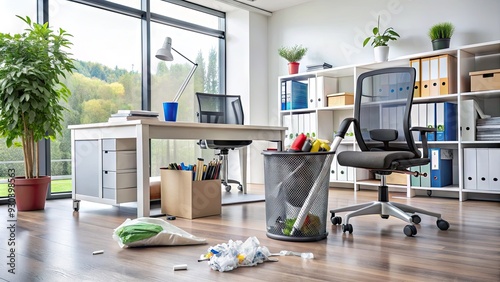 A tidy office space with a trash can filled with discarded papers and plastic bottles, surrounded by cleaning supplies and a vacuum cleaner. photo