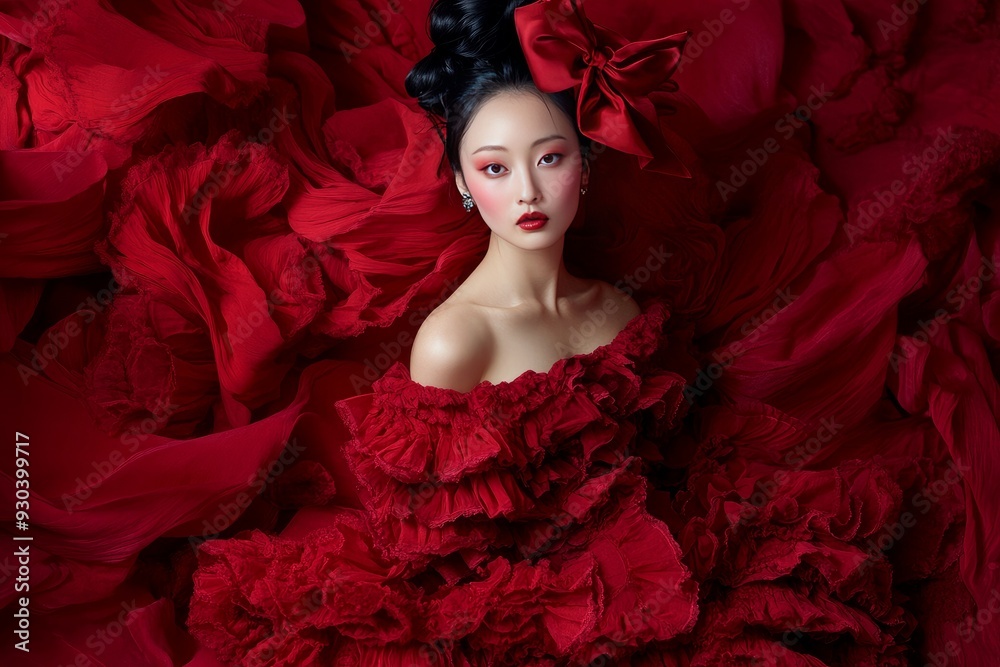 an asian young cute woman in large fluffy red dress an asian young cute woman in large fluffy red dress