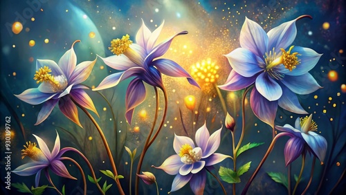 Fantasy ,Elegant and Beautiful Hand Drawn Surrealist Acrylic Painting  Flowers of Columbine (Aquilegia) , Small Light glowing effect and Gold Leaf effect of  particles