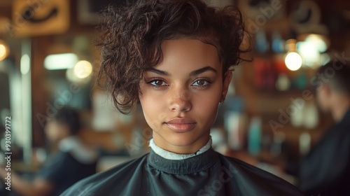 closuep shot of A girl smiling while sits down to get her hair cut photo