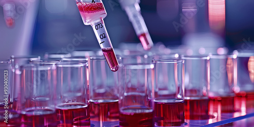 Lab Tests of Multiple Targets, red Liquid Into Test Tubes During Laboratory Experiment, Laboratory Research.