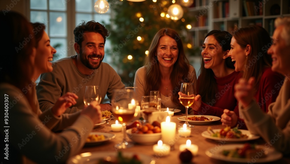 Friends enjoying a Christmas festive dinner together. Candles on table. Friends enjoying a Christmas festive dinner together. Candles on table.
