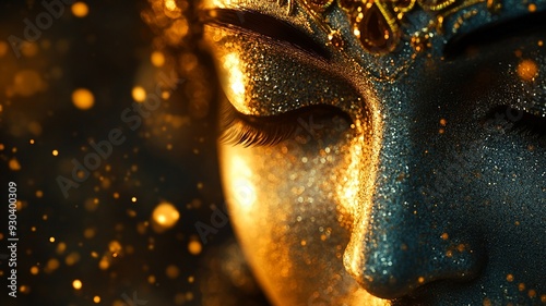 closeup of Indian goddess durga face with glitter shining