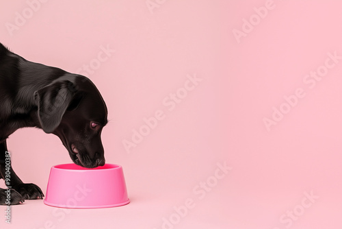 banner a black dog eating from a pink bowl in a pink solis background/banner photo