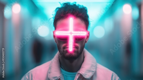 A person with tied-up hair stands in a brightly illuminated hallway with a pink light beam overhead, portraying a futuristic and innovative atmosphere. photo