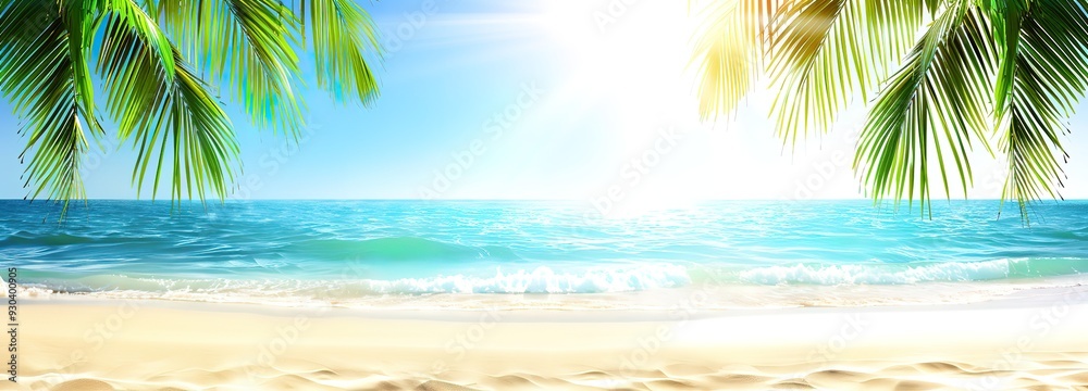Tropical beach scene with palm trees, blue ocean, white sand, and sunlight. Perfect for vacation, travel, or summer backgrounds. Tropical beach scene with palm trees, blue ocean, white sand, and sunlight. Perfect for vacation, travel, or summer backgrounds.