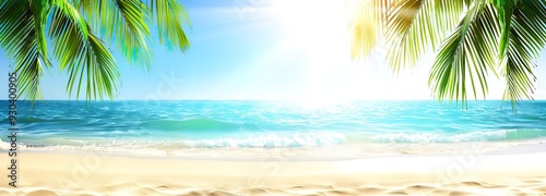 Tropical beach scene with palm trees, blue ocean, white sand, and sunlight. Perfect for vacation, travel, or summer backgrounds.